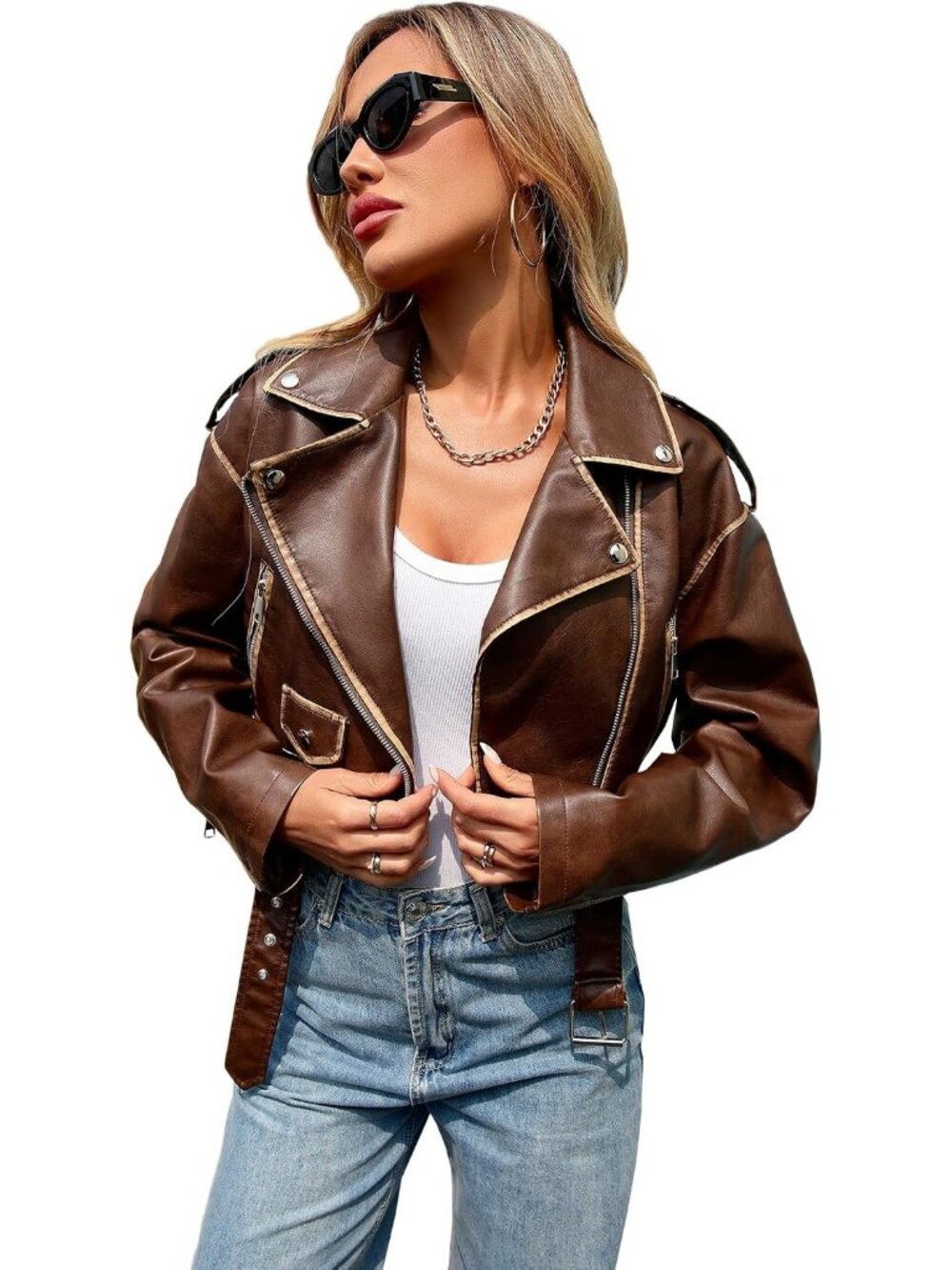 Women's Brown Faux Leather Cropped Jacket Vegan Motor Biker Coat with Belt